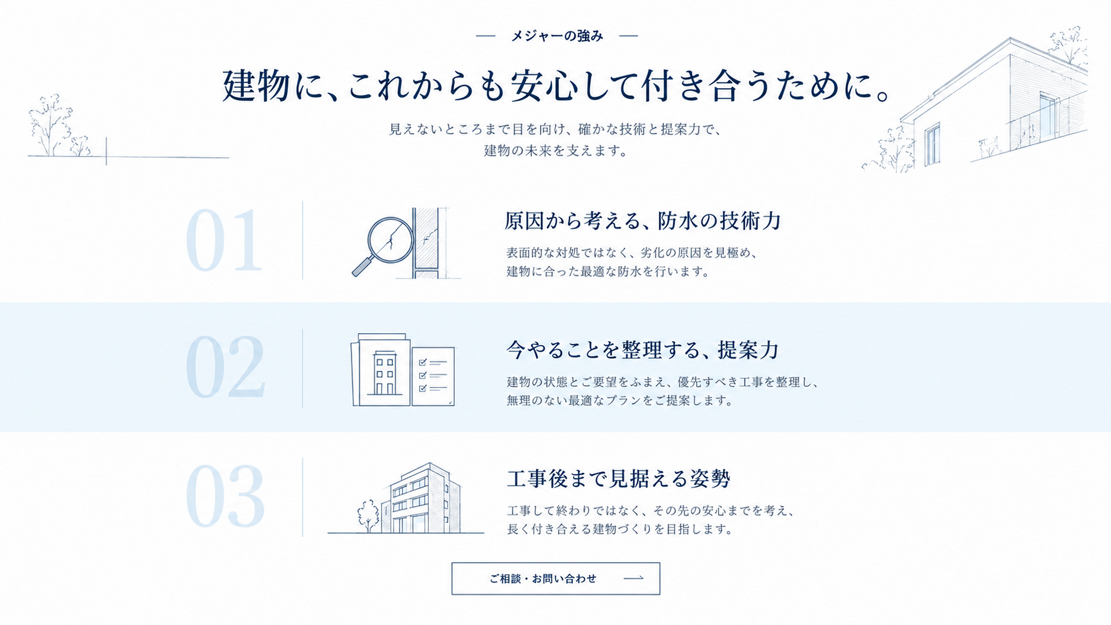 メジャーの強み:原因から考える技術力、今やることを整理する提案力、工事後まで見据える姿勢