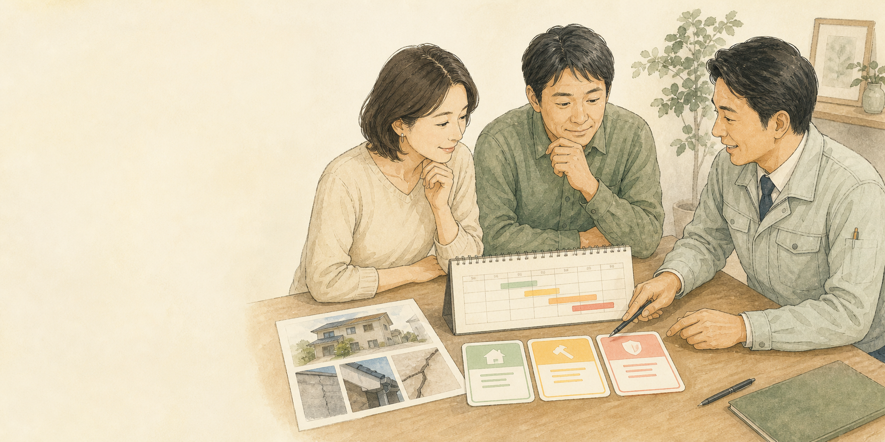 修繕計画について相談するお客様と担当者のイラスト
